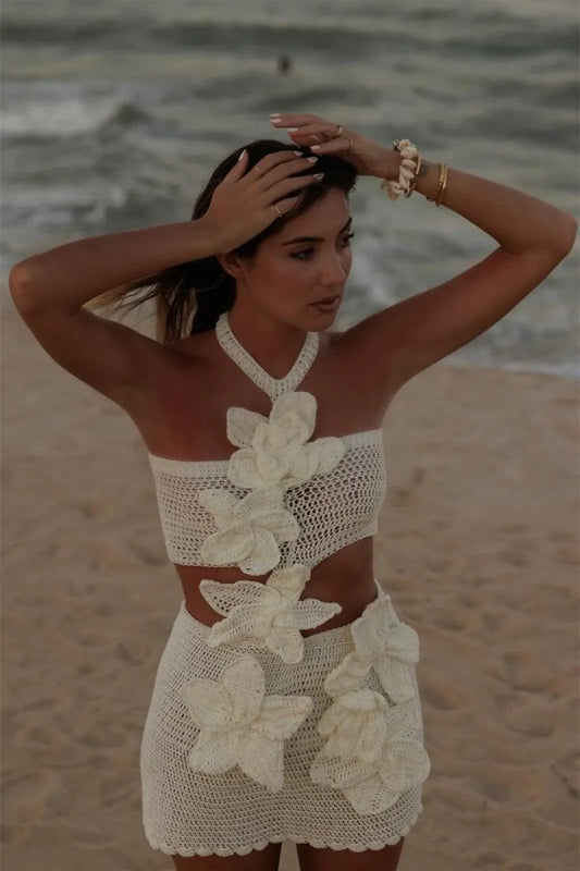 Celeste | Halter Knit Floral Mini Dress